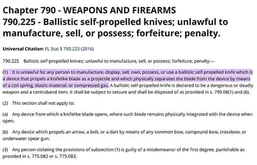Knife laws in Flordia, § 790.225 states