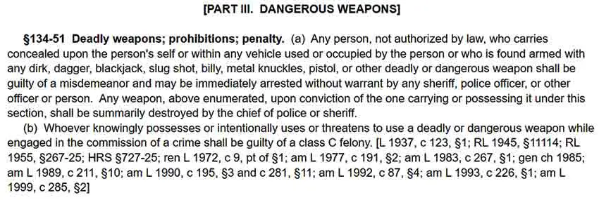 deadly weapons law §134-51
