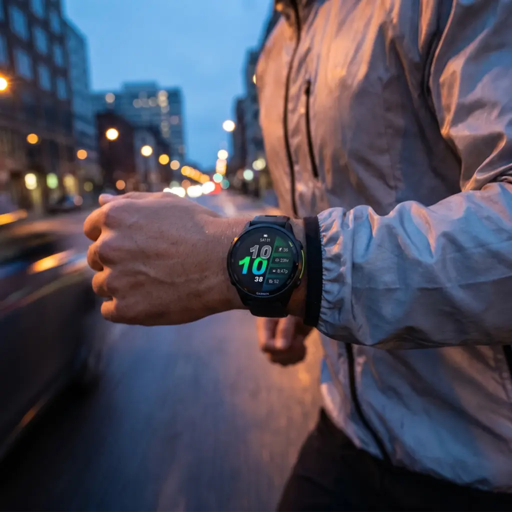 Runner's arm wearing a watch in motion at dawn.