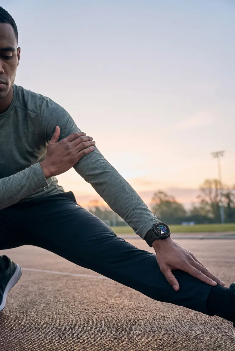 Runner stretching on a track with a GPS watch on their wrist. - best gps watch for running