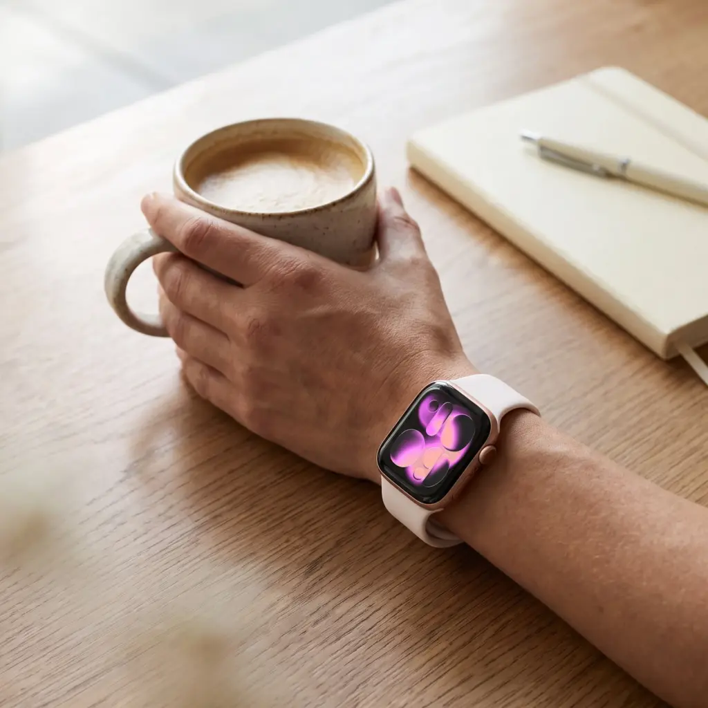 Person wearing a smartwatch holding a coffee mug at a table.