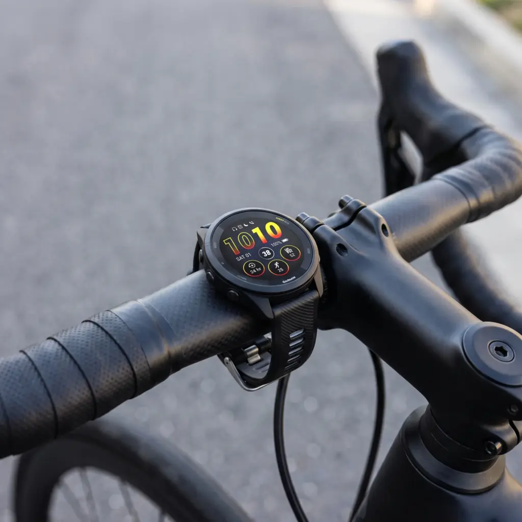 GPS watch mounted on road bicycle handlebars.