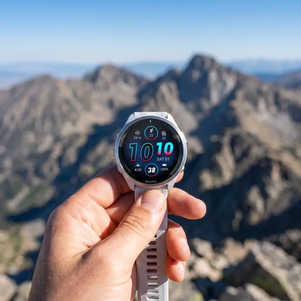 Hand holding a premium GPS watch against a mountain backdrop.