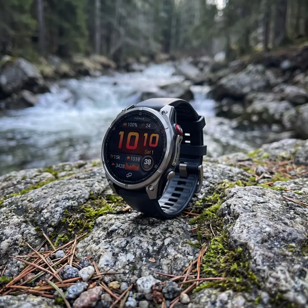 Rugged GPS watch resting on a mossy rock near a stream.