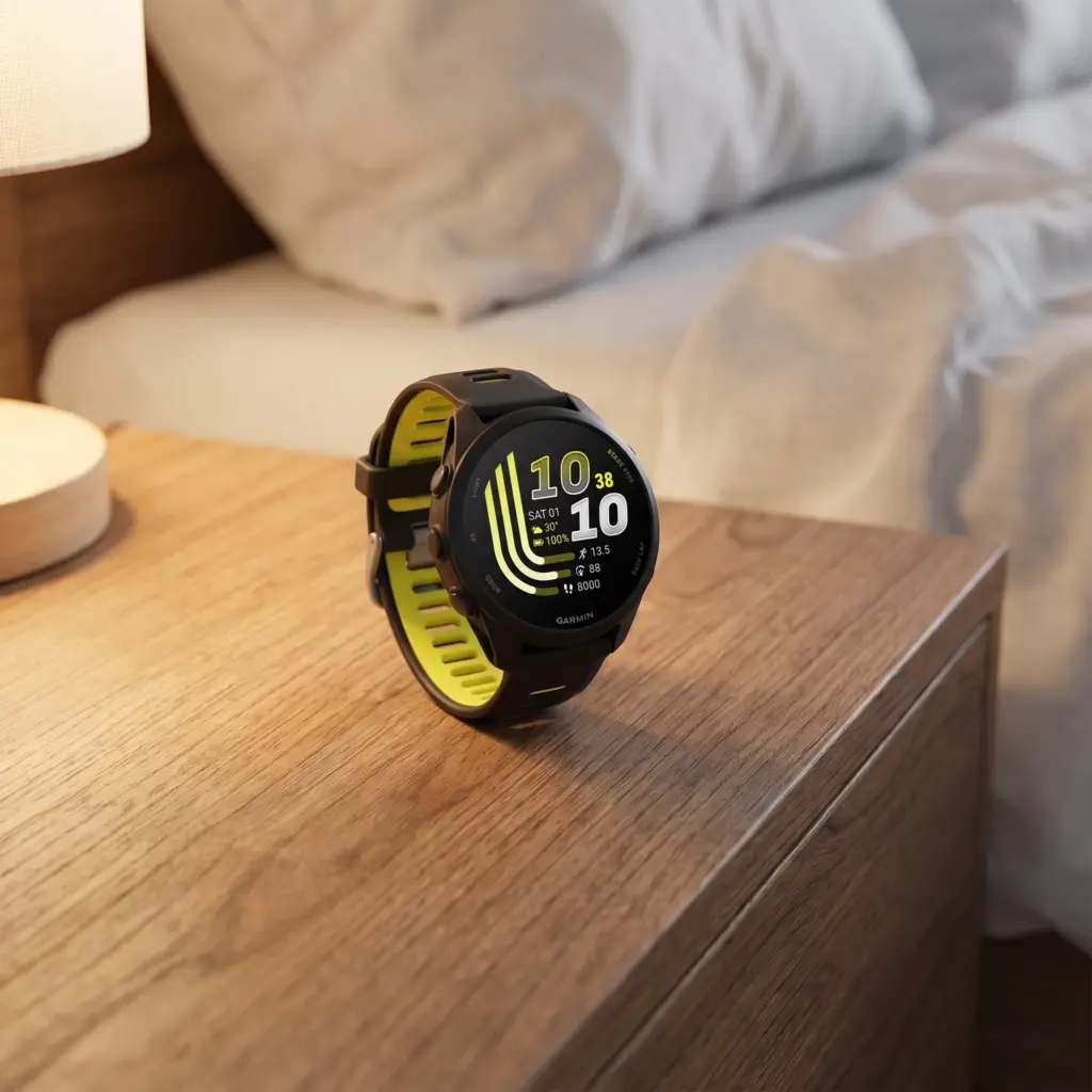 GPS watch resting on a nightstand beside a bed.