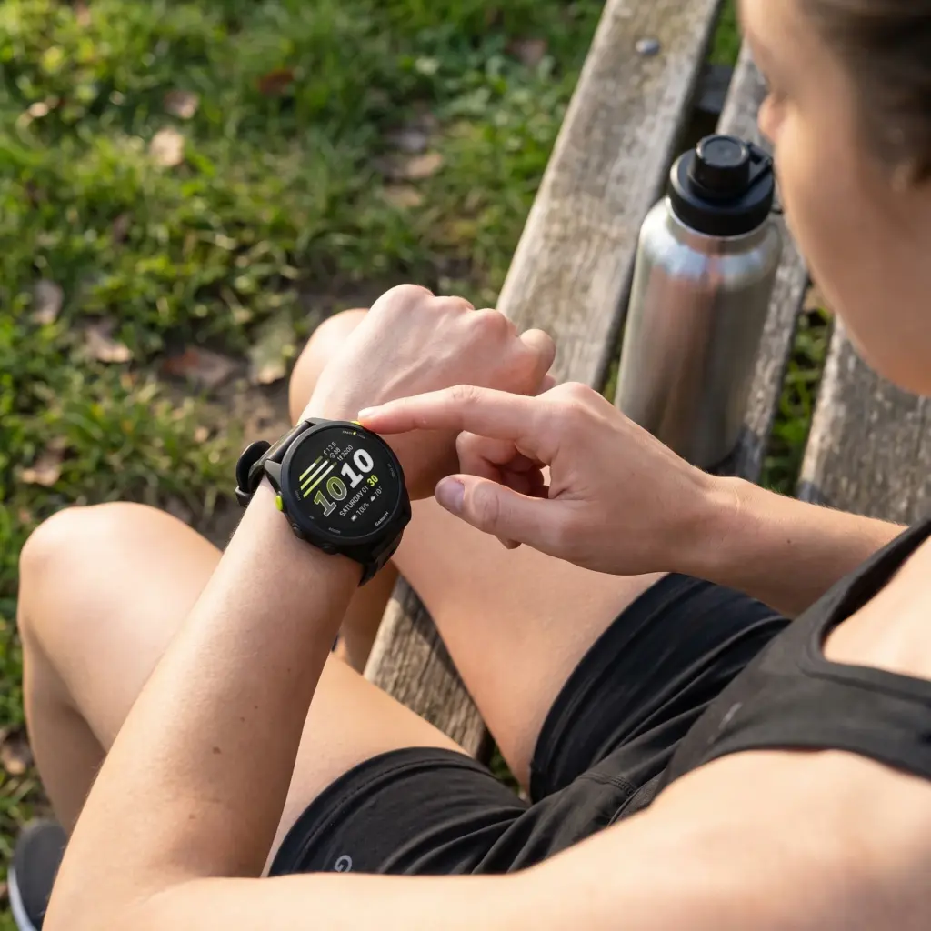 Runner tapping the touchscreen of a GPS watch on a bench.
