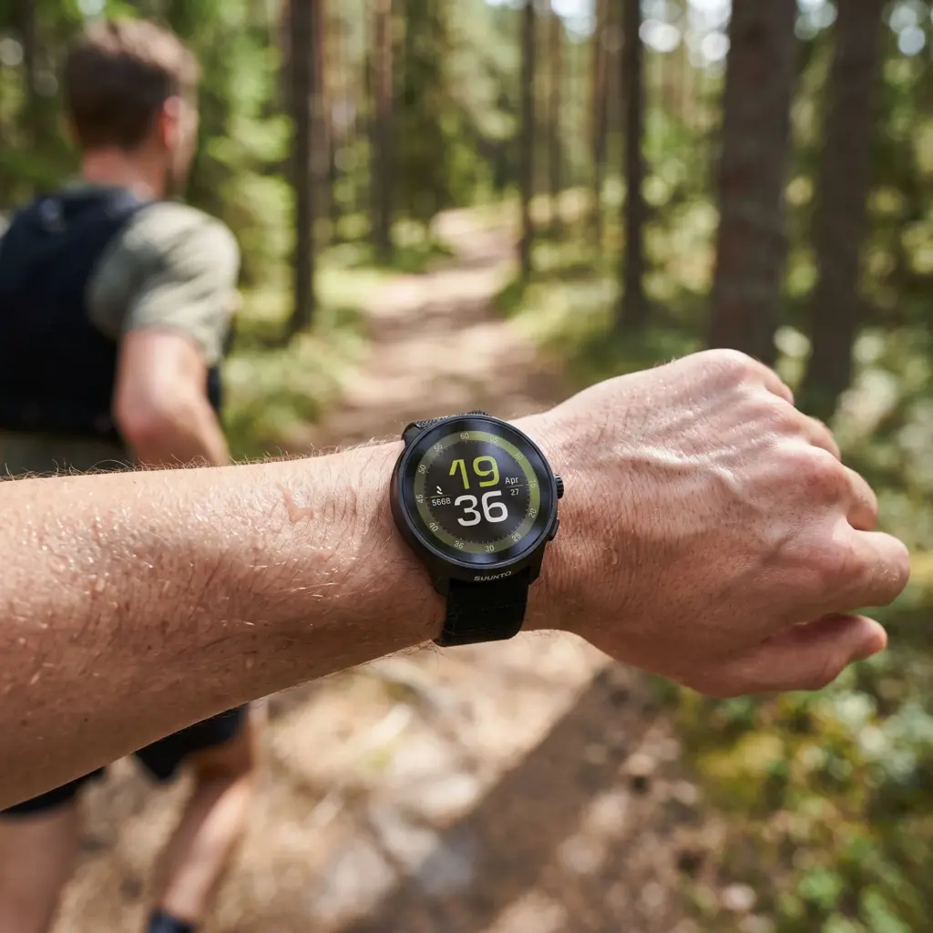 Trail runner wearing a GPS watch in a forest.