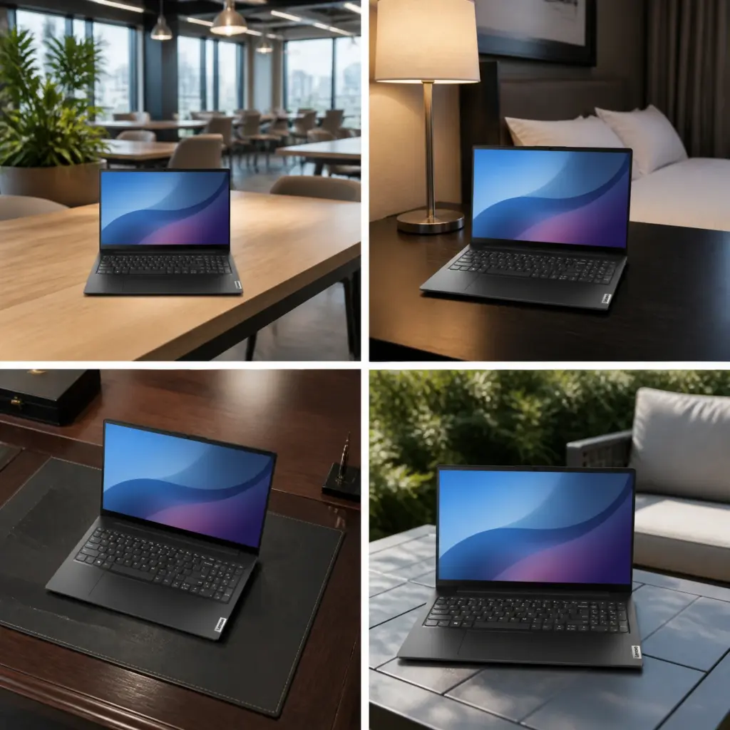 Four views of a black laptop in corporate and travel settings.