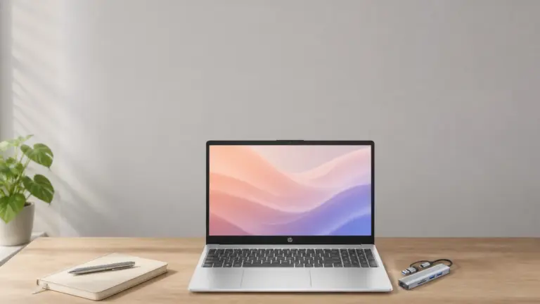 A silver laptop open on a wooden desk next to a notebook. - best laptop for office work