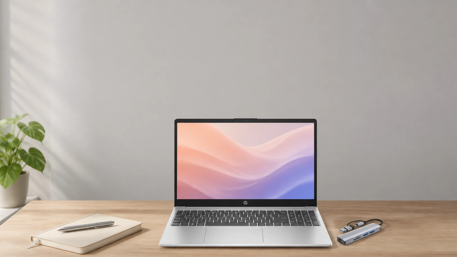 A silver laptop open on a wooden desk next to a notebook. - best laptop for office work
