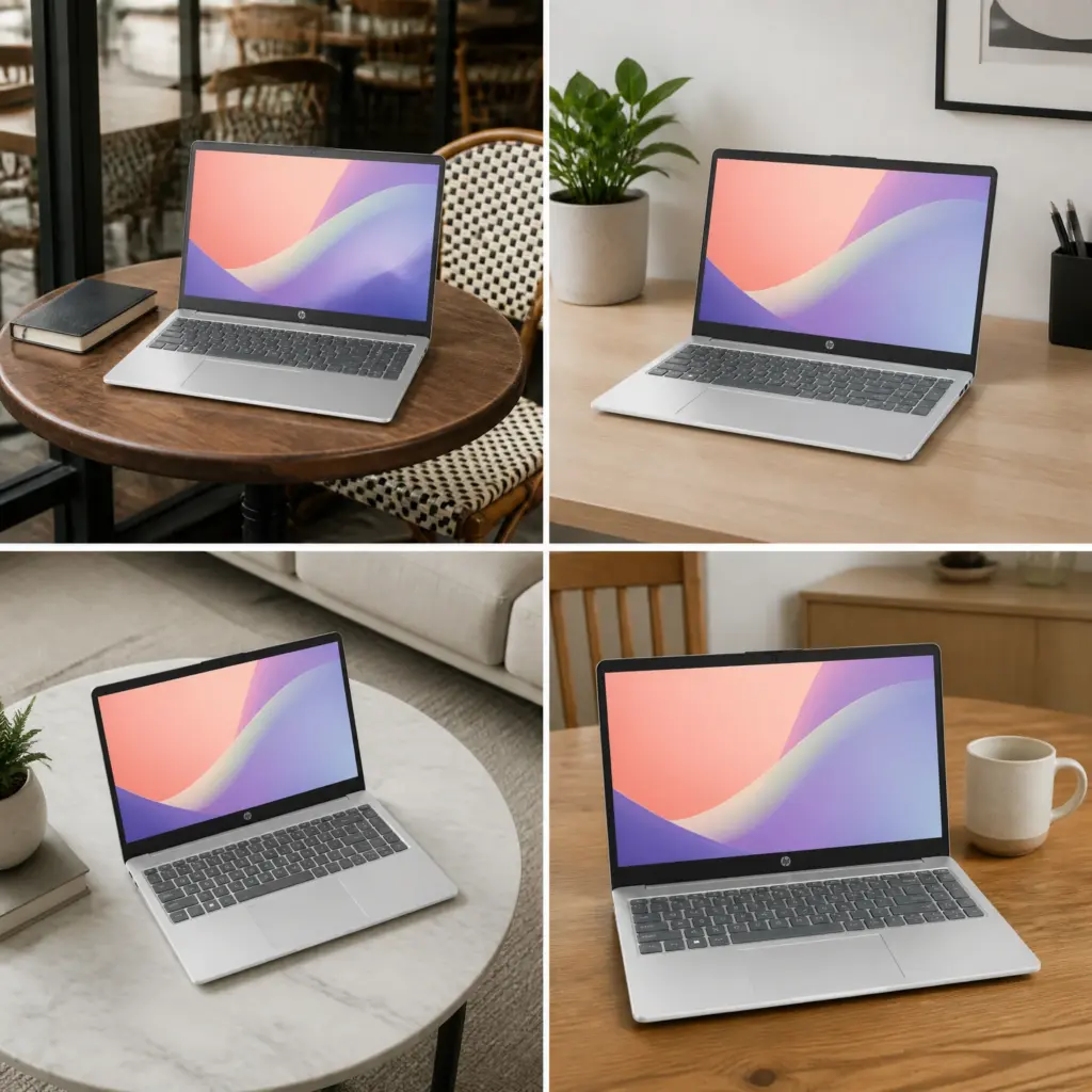 four views of a laptop in different home and cafe settings