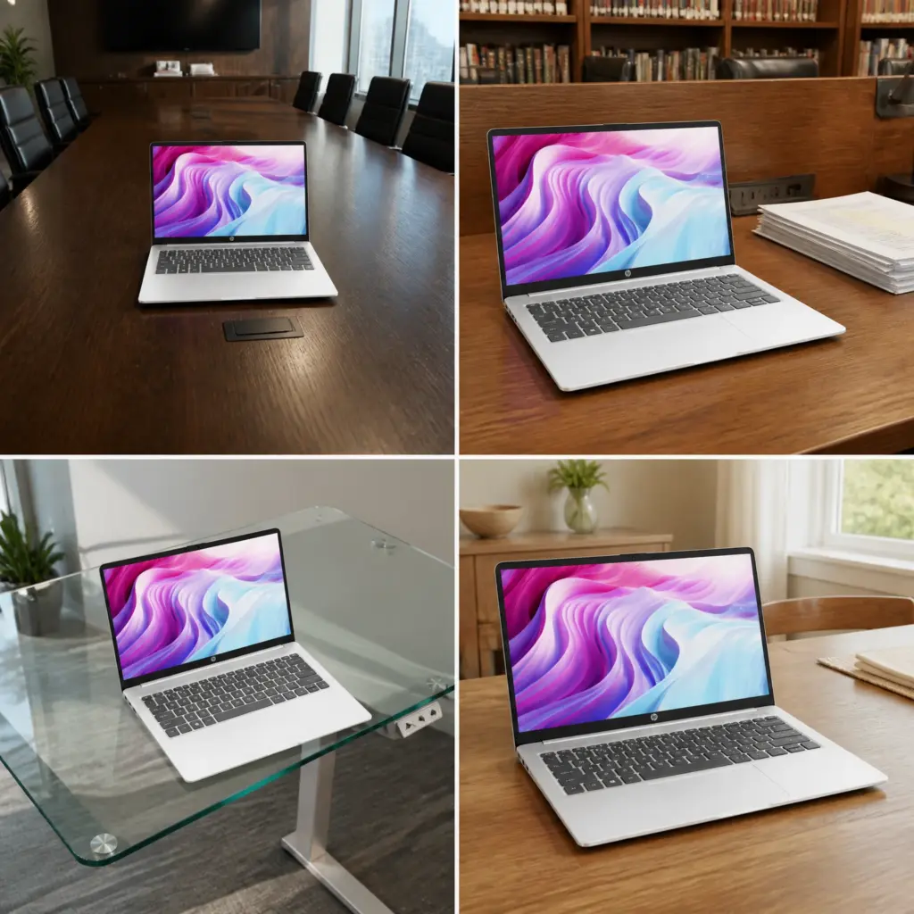 Four views of a large silver laptop on different tables.