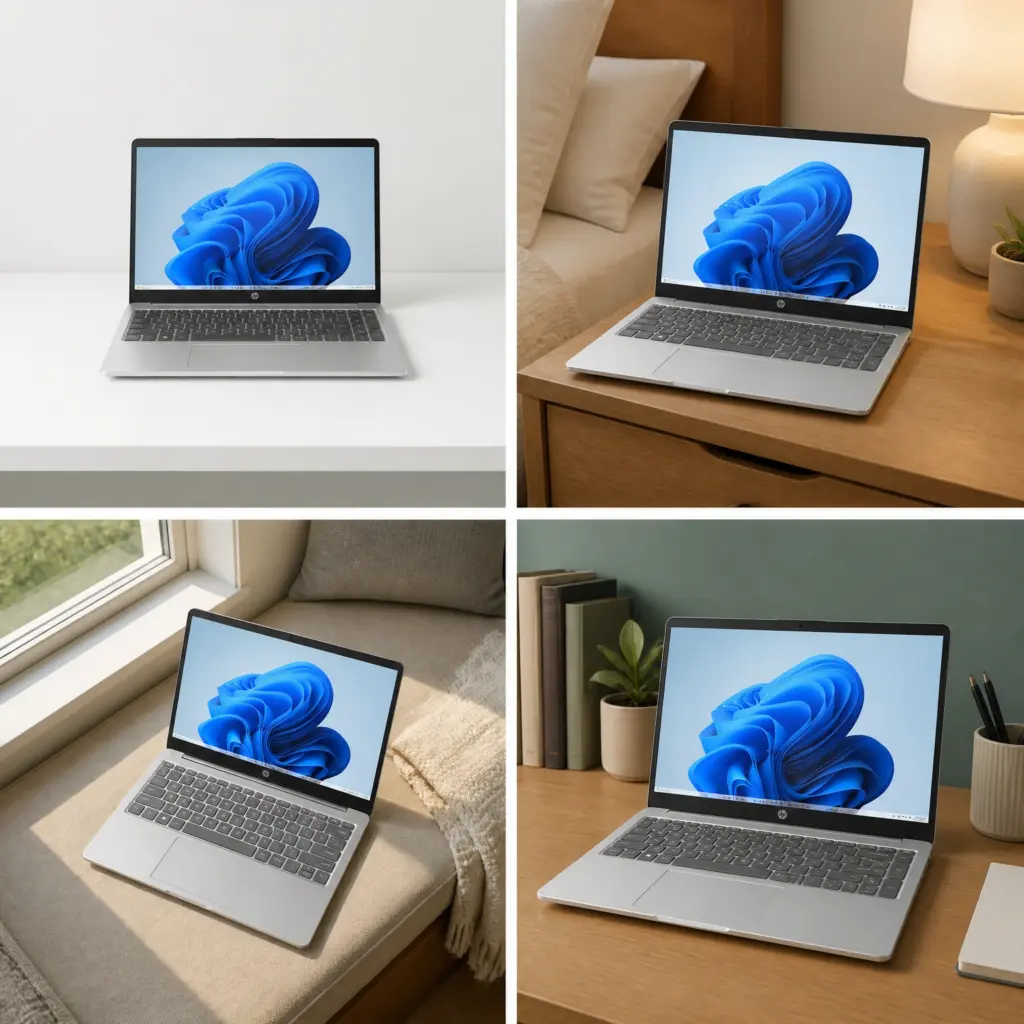 Four views of a silver laptop in calm study and home spaces.
