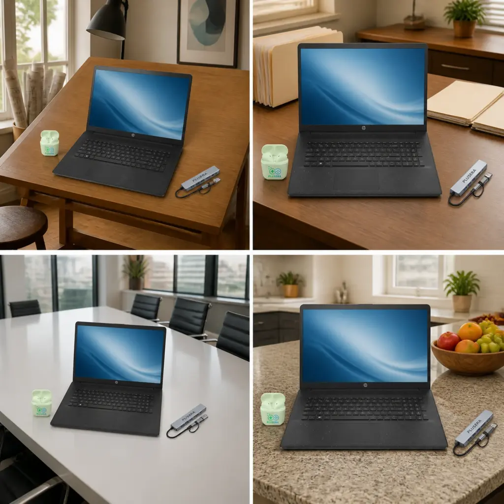 Four views of a large black laptop in diverse workspaces.
