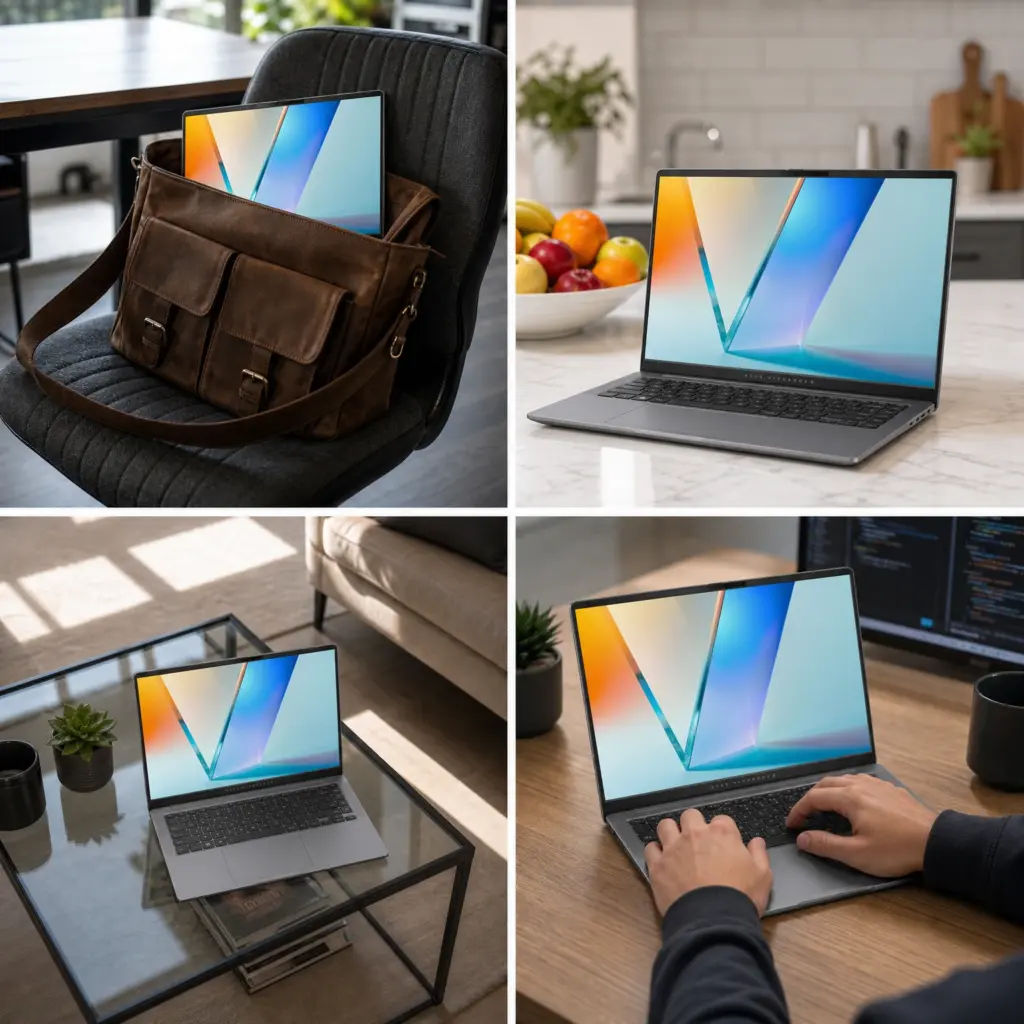 Collage of an ASUS Vivobook S 14 in a bag, on a kitchen counter, on a coffee table, and in use.
