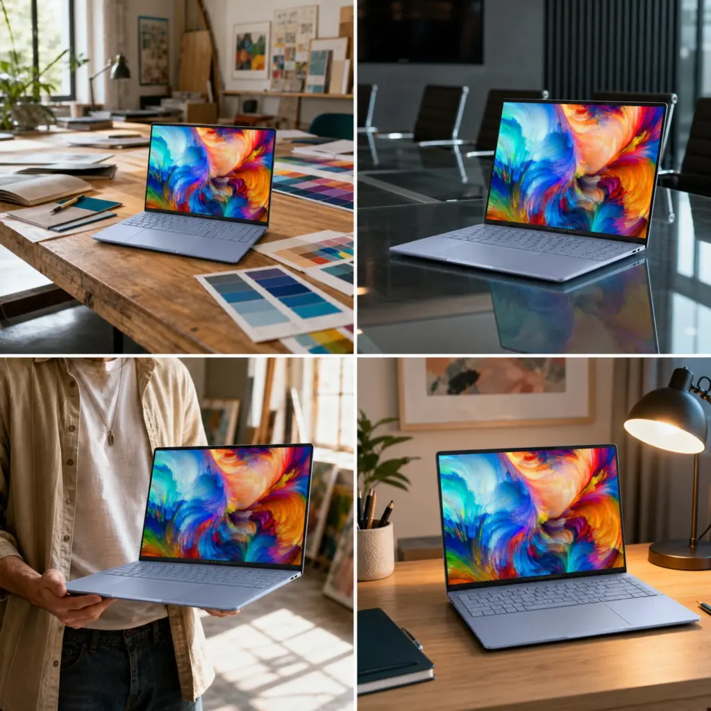 Collage of an ASUS Vivobook S16 on a drafting table, conference table, held by a creator, and on a desk.