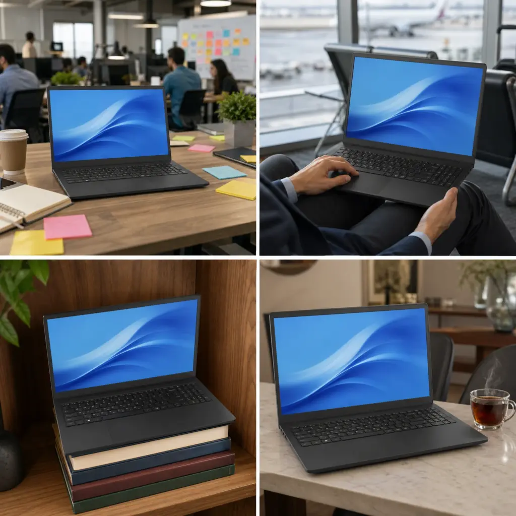 Collage of a Dell laptop on a desk, on a lap, on books, and on a dining table.