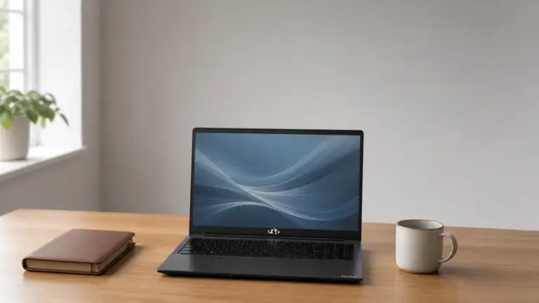 An open laptop on a clean desk next to a coffee mug and notebook. - best laptop for programming