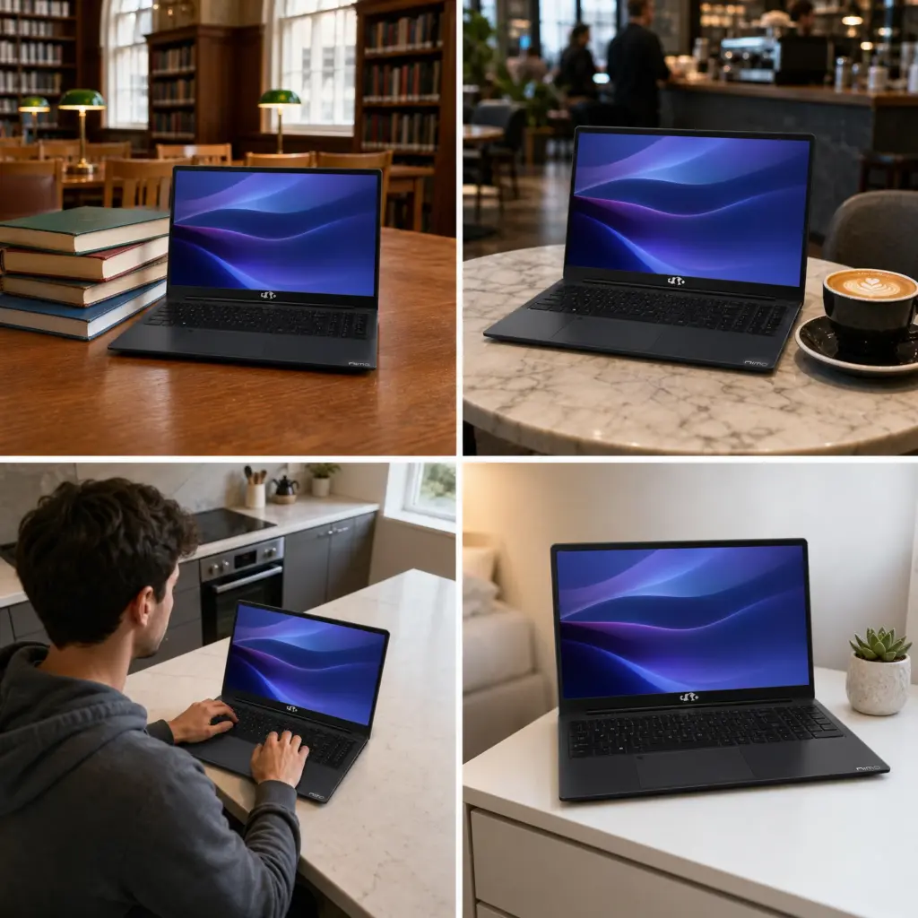 Collage of a NIMO laptop in a library, coffee shop, kitchen, and onto a nightstand.
