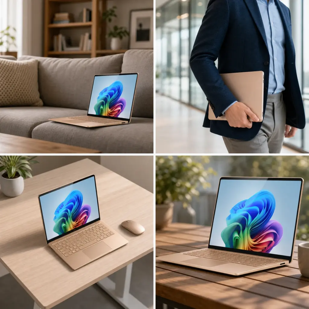Collage of a Surface Laptop on a sofa, carried by a professional, on a standing desk, and outdoors.