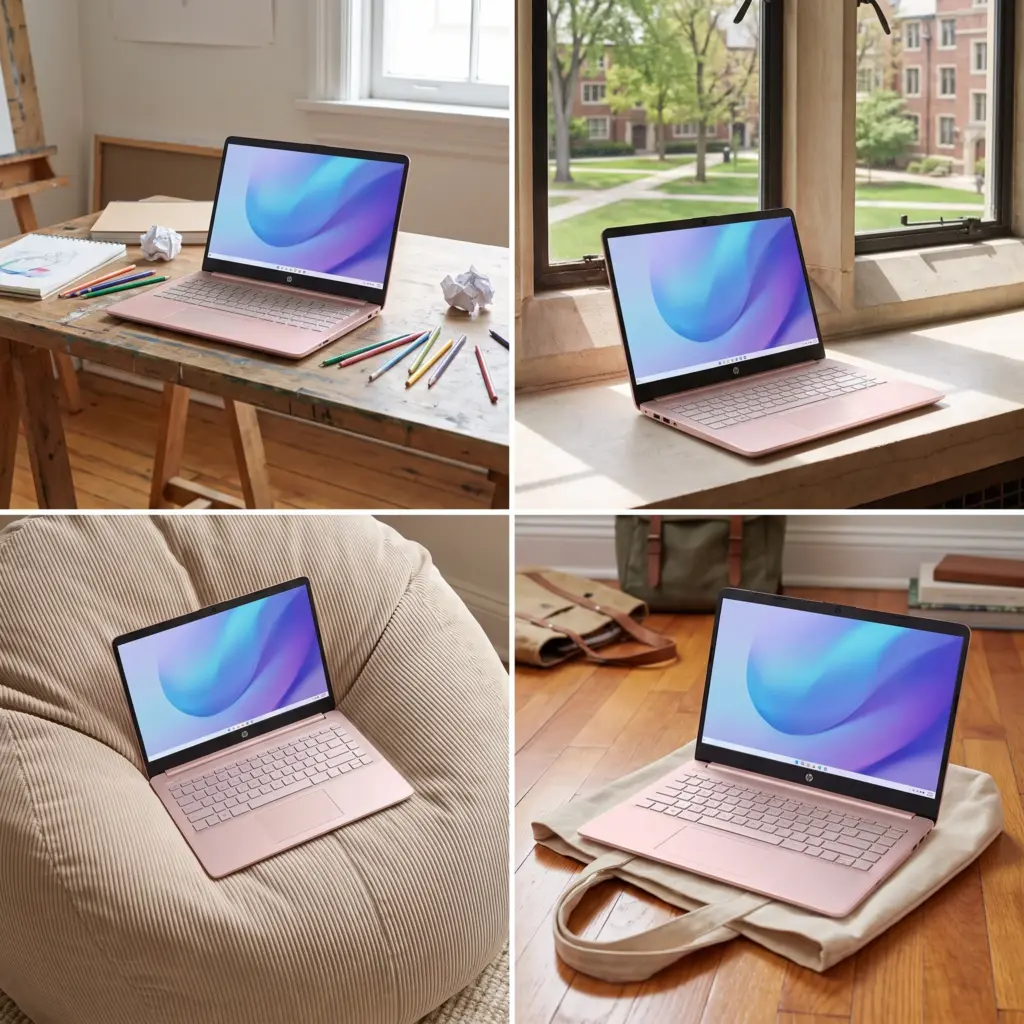 Four-panel collage of a laptop in an art studio, on a windowsill, beanbag, and tote bag.