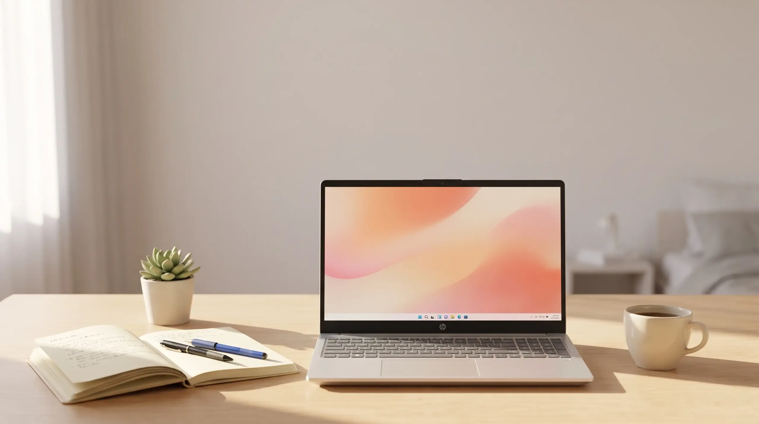 Laptop on a wooden desk with a notebook, pens, coffee cup, and small potted plant. - best laptop for university students