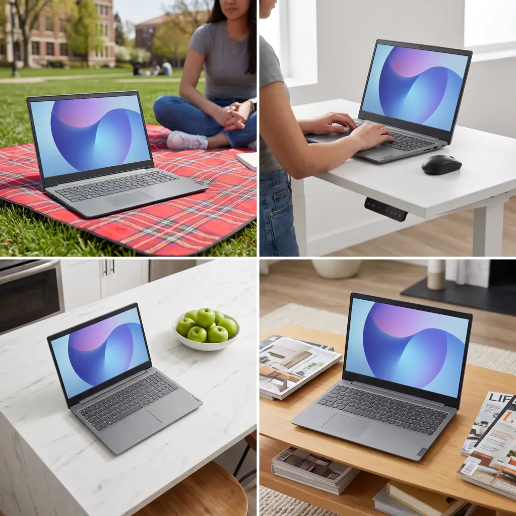 Four-panel collage of a laptop on grass, a standing desk, kitchen counter, and coffee table.