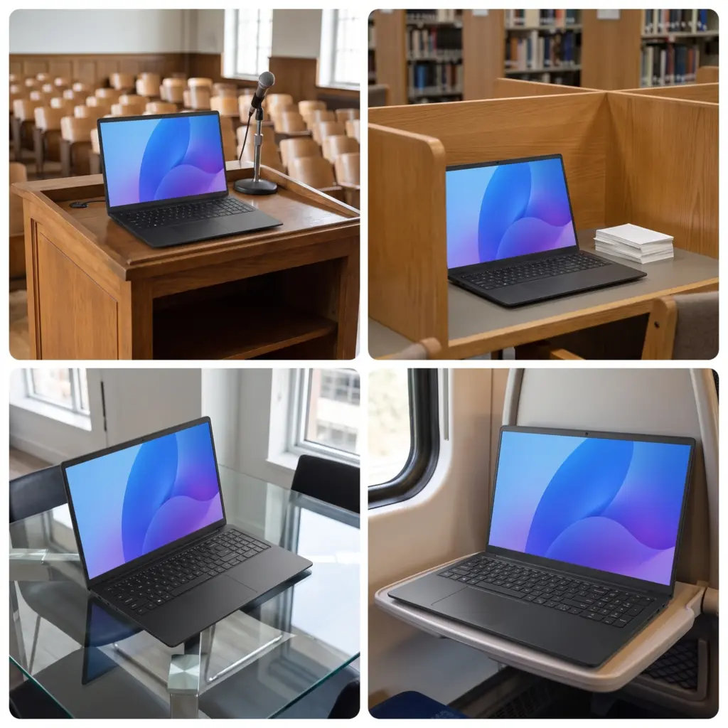 Four-panel collage of a laptop on a podium, library desk, glass table, and train tray.