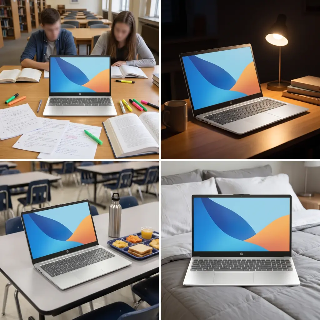 Four-panel collage of a laptop in group study, nighttime, cafeteria, and dorm settings.