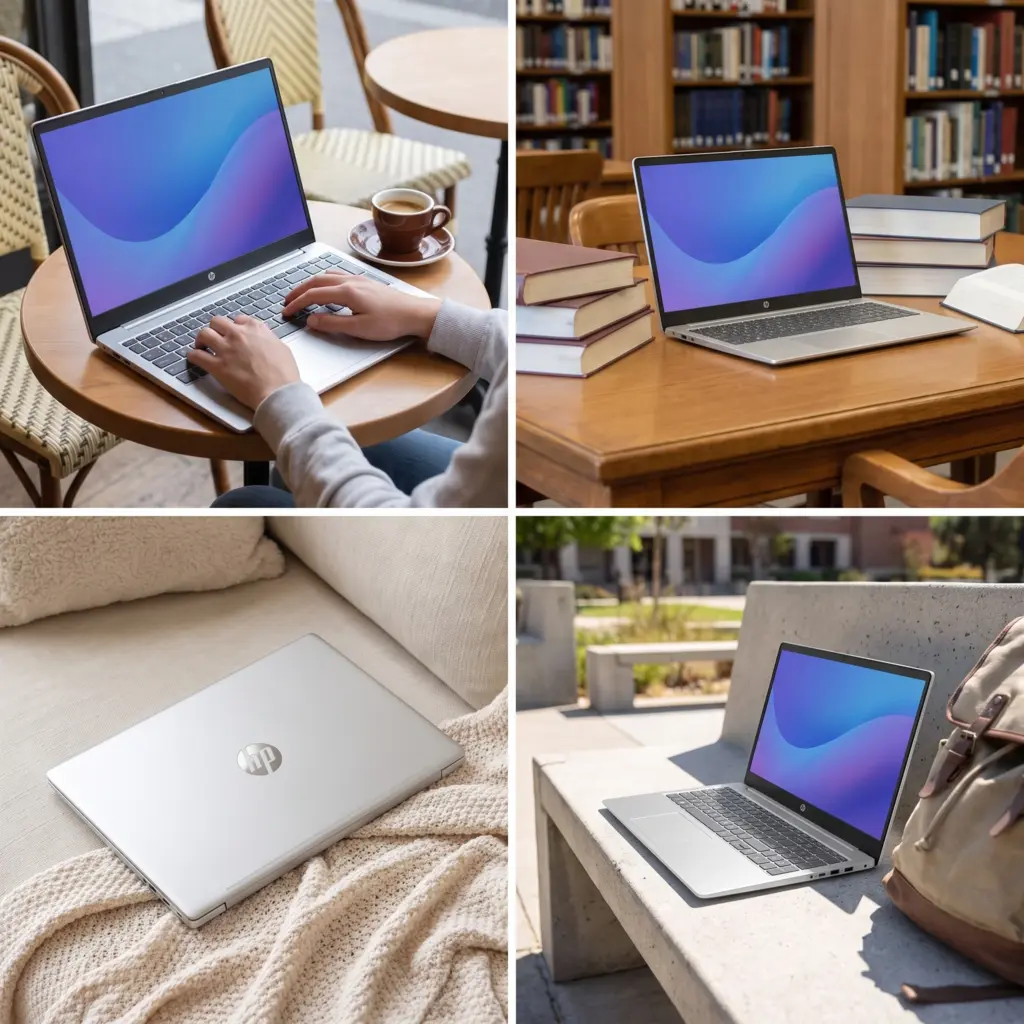 Four-panel collage of a laptop in a cafe, library, living room, and outdoors.