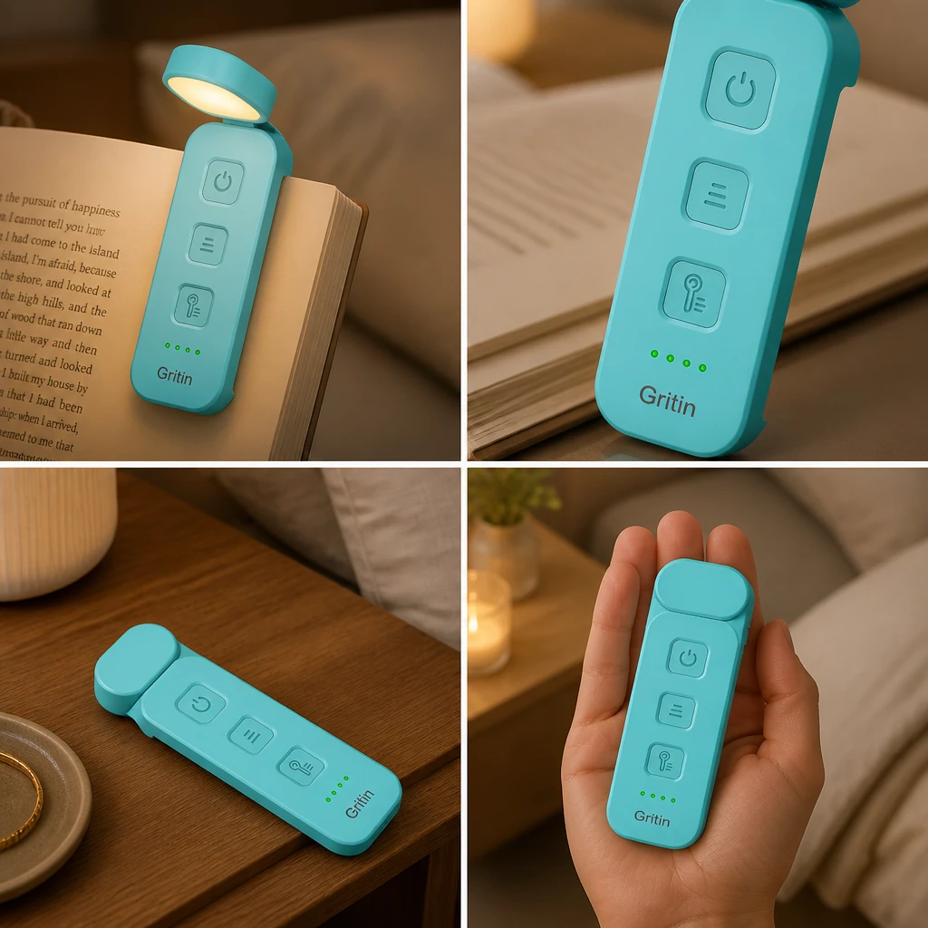 Four views of a compact reading light clipped to a book, buttons, folded, and in hand.