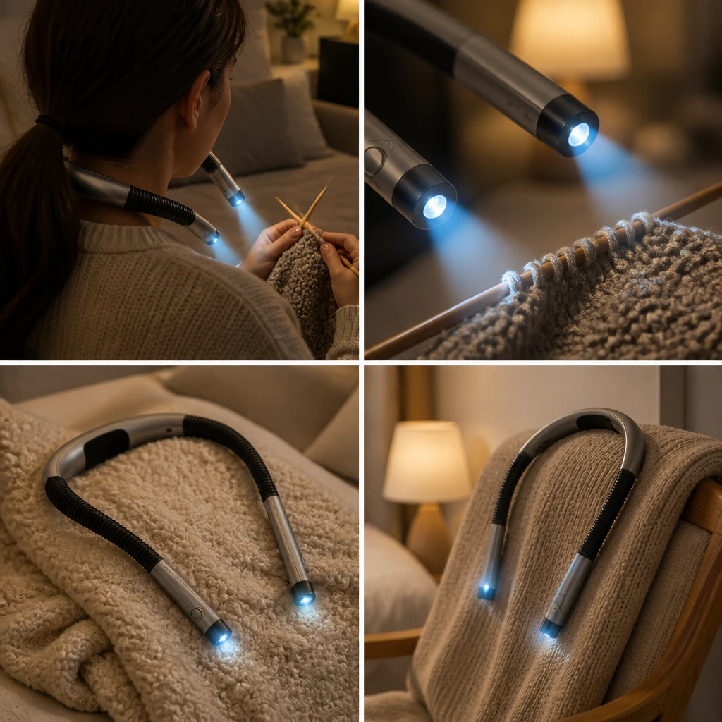 Four views of a neck reading light worn during knitting, lit beams, on blanket, and draped.