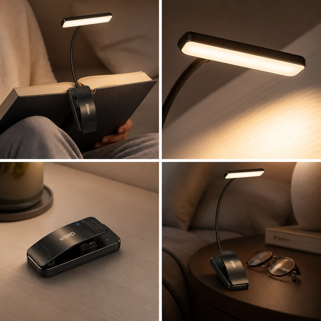 Four views showing a wide-head reading light in use, detail, folded, and next to glasses.