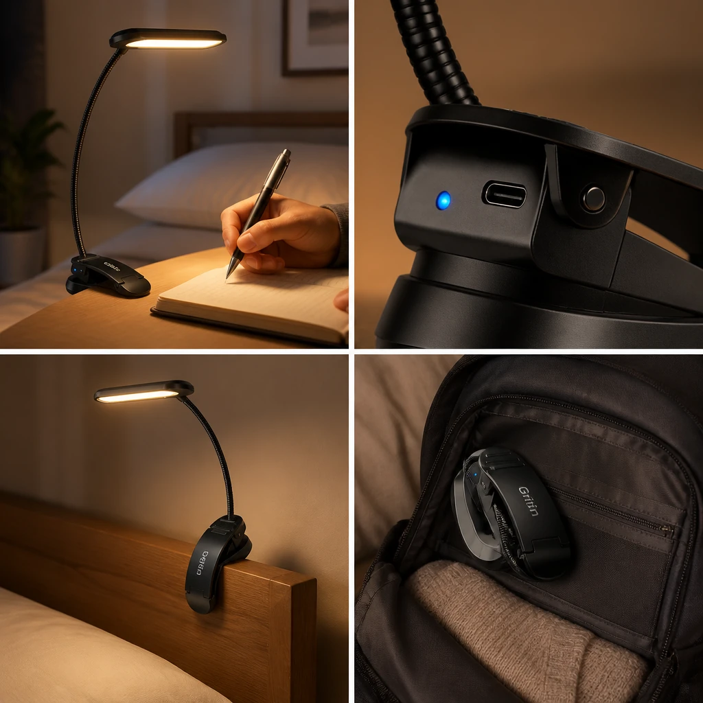 Four views of a reading light standing on a desk, charging port, on headboard, and packed.