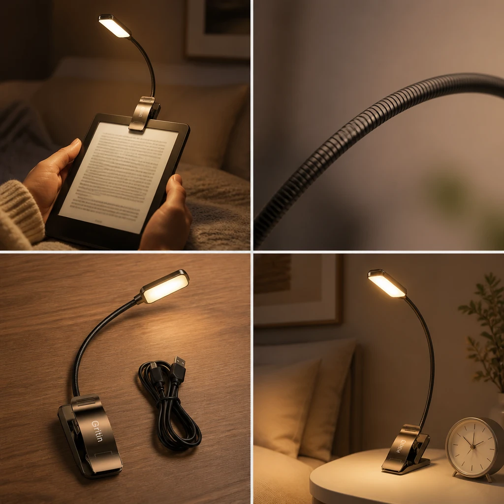 Four views of a clip-on reading light in use, close-up, charging, and standing.